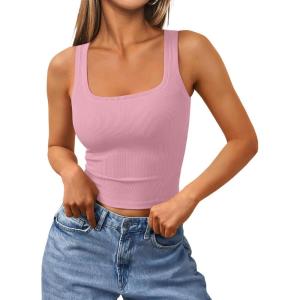 image:imageTrendy Queen Womens Summer Square Neck Tank Tops Workout Cropped Ribbed Summer Camisole Sleeveless Clothes 2026Babypink