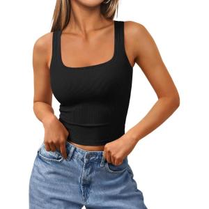 image:imageTrendy Queen Womens Summer Square Neck Tank Tops Workout Cropped Ribbed Summer Camisole Sleeveless Clothes 2026Black