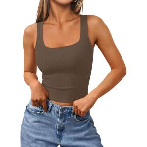 image:imageTrendy Queen Womens Summer Square Neck Tank Tops Workout Cropped Ribbed Summer Camisole Sleeveless Clothes 2026Coffee