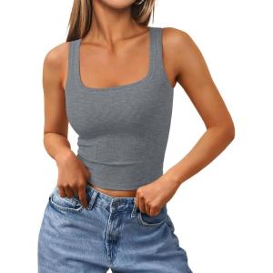 image:imageTrendy Queen Womens Summer Square Neck Tank Tops Workout Cropped Ribbed Summer Camisole Sleeveless Clothes 2026Gray