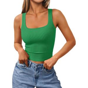 image:imageTrendy Queen Womens Summer Square Neck Tank Tops Workout Cropped Ribbed Summer Camisole Sleeveless Clothes 2026Green