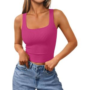image:imageTrendy Queen Womens Summer Square Neck Tank Tops Workout Cropped Ribbed Summer Camisole Sleeveless Clothes 2026Hot Pink