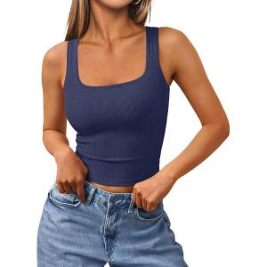 image:imageTrendy Queen Womens Summer Square Neck Tank Tops Workout Cropped Ribbed Summer Camisole Sleeveless Clothes 2026Navy