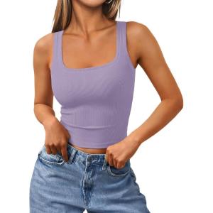 image:imageTrendy Queen Womens Summer Square Neck Tank Tops Workout Cropped Ribbed Summer Camisole Sleeveless Clothes 2026Purple
