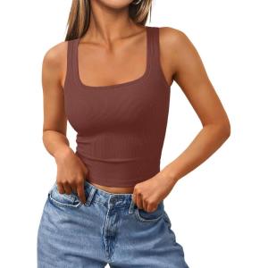 image:imageTrendy Queen Womens Summer Square Neck Tank Tops Workout Cropped Ribbed Summer Camisole Sleeveless Clothes 2026Rust