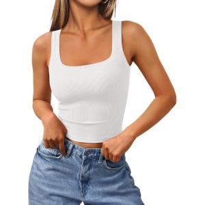 image:imageTrendy Queen Womens Summer Square Neck Tank Tops Workout Cropped Ribbed Summer Camisole Sleeveless Clothes 2026White