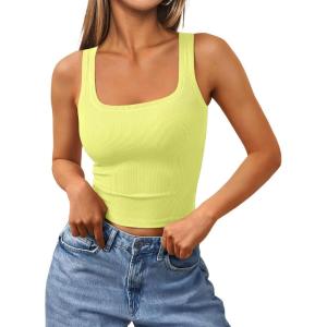 image:imageTrendy Queen Womens Summer Square Neck Tank Tops Workout Cropped Ribbed Summer Camisole Sleeveless Clothes 2026Yellow