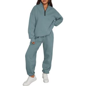 image:imageTrendy Queen Womens Sweatsuits 2 Piece Outfits Fall Lounge Sweat Sets Half Zip Sweatshirts with Baggy SweatpantsBluegreen