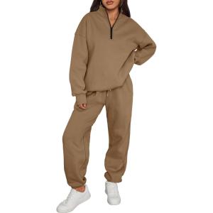 image:imageTrendy Queen Womens Sweatsuits 2 Piece Outfits Fall Lounge Sweat Sets Half Zip Sweatshirts with Baggy SweatpantsCoffee