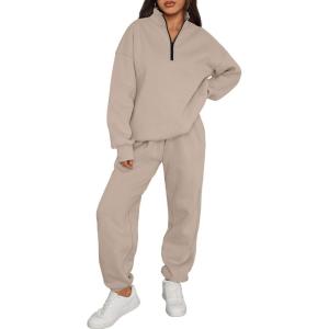 image:imageTrendy Queen Womens Sweatsuits 2 Piece Outfits Fall Lounge Sweat Sets Half Zip Sweatshirts with Baggy SweatpantsCoffeegrey
