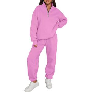image:imageTrendy Queen Womens Sweatsuits 2 Piece Outfits Fall Lounge Sweat Sets Half Zip Sweatshirts with Baggy SweatpantsPink