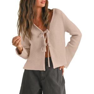 image:imageTrendy Queen Womens Tie Front Tops Fall Cardigan Sweaters 2026 Fashion Crochet Crop Winter Clothes Cute Y2K Casual OutfitsApricot