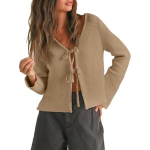 image:imageTrendy Queen Womens Tie Front Tops Fall Cardigan Sweaters 2026 Fashion Crochet Crop Winter Clothes Cute Y2K Casual OutfitsCoffeegrey