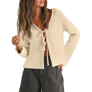image:imageTrendy Queen Womens Tie Front Tops Fall Cardigan Sweaters 2026 Fashion Crochet Crop Winter Clothes Cute Y2K Casual OutfitsCream