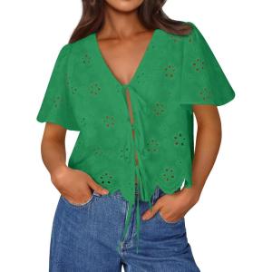 image:imageTrendy Queen Womens Tie Front Tops Summer Beach Vacation 2026 Fashion Outfits Loose Fit Blouses Eyelet Embroidered ClothesGreen
