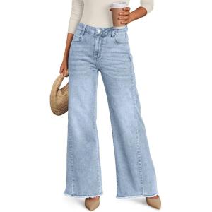 image:imageTrendy Queen Womens Wide Leg Jeans Relaxed Loose Straight Leg with Raw Hem Comfort Denim PantsLight Blue