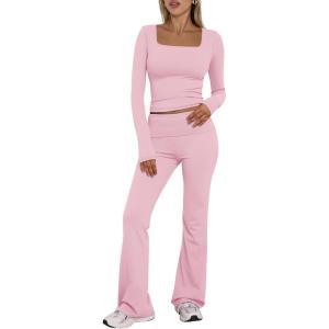image:imageTrendy Queen Womens Workout Sets 2 Piece Fall Outfits Square Neck Tops Flare Pants Tracksuits Clothes Winter Fashion 2026Pink