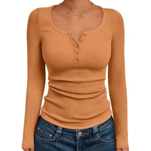 image:imageTrendy Queen Long Sleeve Shirts for Women Henley Ribbed Fall Tops Dressy Business Casual Teen Girl Winter Cute Basic TeesOrange