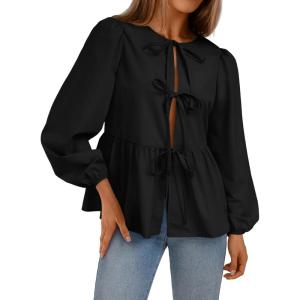 image:imageTrendy Queen Tir Front Tops Women Fall Fashion Top Babydoll Peplum Blouse Puff Long Sleeve Shirts Bow Tie Shirts TrendyBlack