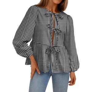 image:imageTrendy Queen Tir Front Tops Women Fall Fashion Top Babydoll Peplum Blouse Puff Long Sleeve Shirts Bow Tie Shirts TrendyPlaid Black