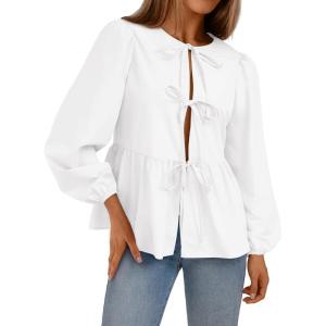 image:imageTrendy Queen Tir Front Tops Women Fall Fashion Top Babydoll Peplum Blouse Puff Long Sleeve Shirts Bow Tie Shirts TrendyWhite