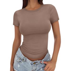 image:imageTrendy Queen Womens Basic T Shirts Summer Tops 2026 Crop Short Sleeve Slim Fit Tee Cute Gym Workout ClothesCoffee
