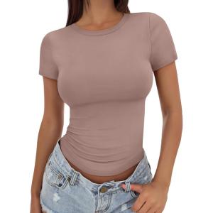 image:imageTrendy Queen Womens Basic T Shirts Summer Tops 2026 Crop Short Sleeve Slim Fit Tee Cute Gym Workout ClothesGrayishpurple