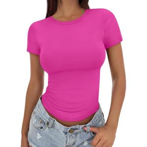 image:imageTrendy Queen Womens Basic T Shirts Summer Tops 2026 Crop Short Sleeve Slim Fit Tee Cute Gym Workout ClothesHotpink