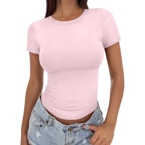image:imageTrendy Queen Womens Basic T Shirts Summer Tops 2026 Crop Short Sleeve Slim Fit Tee Cute Gym Workout ClothesLightpink