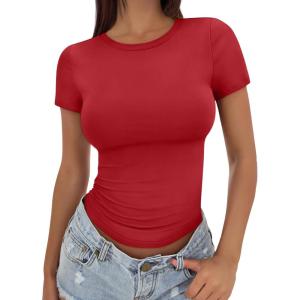 image:imageTrendy Queen Womens Basic T Shirts Summer Tops 2026 Crop Short Sleeve Slim Fit Tee Cute Gym Workout ClothesRed