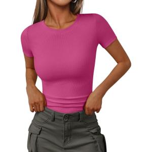 image:imageTrendy Queen Womens Crewneck Ribbed Knit Fitted TShirtHot Pink