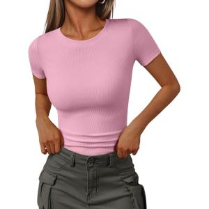 image:imageTrendy Queen Womens Crewneck Ribbed Knit Fitted TShirtPink
