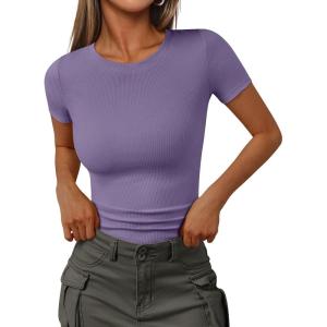 image:imageTrendy Queen Womens Crewneck Ribbed Knit Fitted TShirtPurple