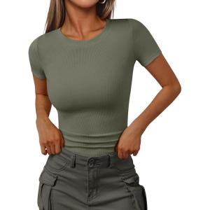 image:imageTrendy Queen Womens Crewneck Ribbed Knit Fitted TShirtSage Green