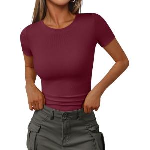 image:imageTrendy Queen Womens Crewneck Ribbed Knit Fitted TShirtWine