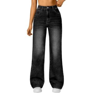 image:imageTrendy Queen Womens High Waisted Straight Wide Leg Jeans Comfort Stretch Baggy Denim PantsBlack