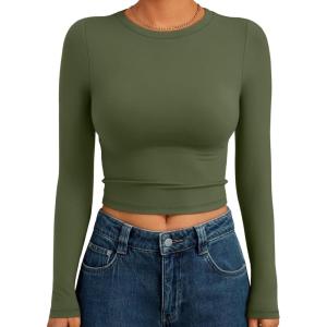 image:imageTrendy Queen Womens Long Sleeve Crop Tops Basic Slim Fitted Shirts Spring Fashion Outfits 2026 Teen Girl ClothesArmy Green
