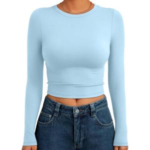 image:imageTrendy Queen Womens Long Sleeve Crop Tops Basic Slim Fitted Shirts Spring Fashion Outfits 2026 Teen Girl ClothesBaby Blue