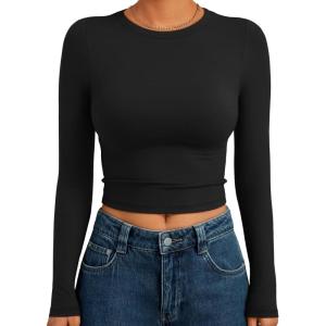 image:imageTrendy Queen Womens Long Sleeve Crop Tops Basic Slim Fitted Shirts Spring Fashion Outfits 2026 Teen Girl ClothesBlack