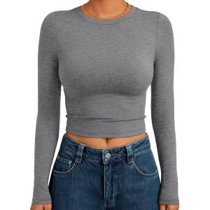 image:imageTrendy Queen Womens Long Sleeve Crop Tops Basic Slim Fitted Shirts Spring Fashion Outfits 2026 Teen Girl ClothesBlack Grey