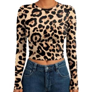 image:imageTrendy Queen Womens Long Sleeve Crop Tops Basic Slim Fitted Shirts Spring Fashion Outfits 2026 Teen Girl ClothesBlack Leopard