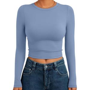 image:imageTrendy Queen Womens Long Sleeve Crop Tops Basic Slim Fitted Shirts Spring Fashion Outfits 2026 Teen Girl ClothesBlue Gray