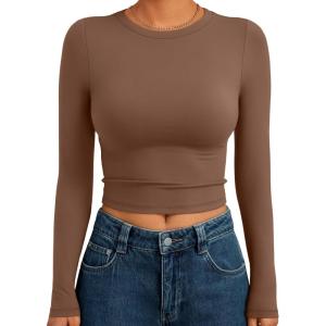 image:imageTrendy Queen Womens Long Sleeve Crop Tops Basic Slim Fitted Shirts Spring Fashion Outfits 2026 Teen Girl ClothesBrown