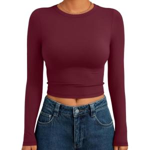 image:imageTrendy Queen Womens Long Sleeve Crop Tops Basic Slim Fitted Shirts Spring Fashion Outfits 2026 Teen Girl ClothesBurgundy