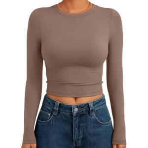 image:imageTrendy Queen Womens Long Sleeve Crop Tops Basic Slim Fitted Shirts Spring Fashion Outfits 2026 Teen Girl ClothesCoffee Grey