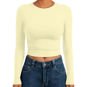 image:imageTrendy Queen Womens Long Sleeve Crop Tops Basic Slim Fitted Shirts Spring Fashion Outfits 2026 Teen Girl ClothesCreamy Yellow