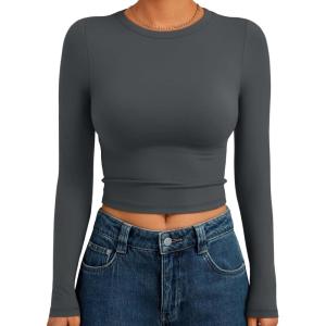 image:imageTrendy Queen Womens Long Sleeve Crop Tops Basic Slim Fitted Shirts Spring Fashion Outfits 2026 Teen Girl ClothesGray