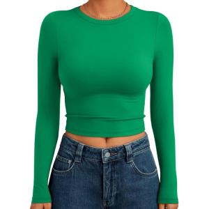 image:imageTrendy Queen Womens Long Sleeve Crop Tops Basic Slim Fitted Shirts Spring Fashion Outfits 2026 Teen Girl ClothesGreen
