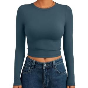image:imageTrendy Queen Womens Long Sleeve Crop Tops Basic Slim Fitted Shirts Spring Fashion Outfits 2026 Teen Girl ClothesHaze Blue