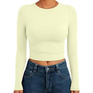 image:imageTrendy Queen Womens Long Sleeve Crop Tops Basic Slim Fitted Shirts Spring Fashion Outfits 2026 Teen Girl ClothesLemon Yellow